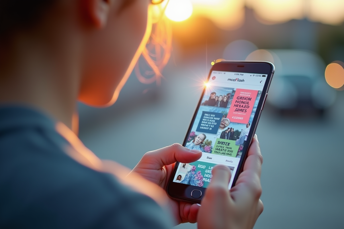Jeune adulte utilisant un smartphone avec publicités digitales