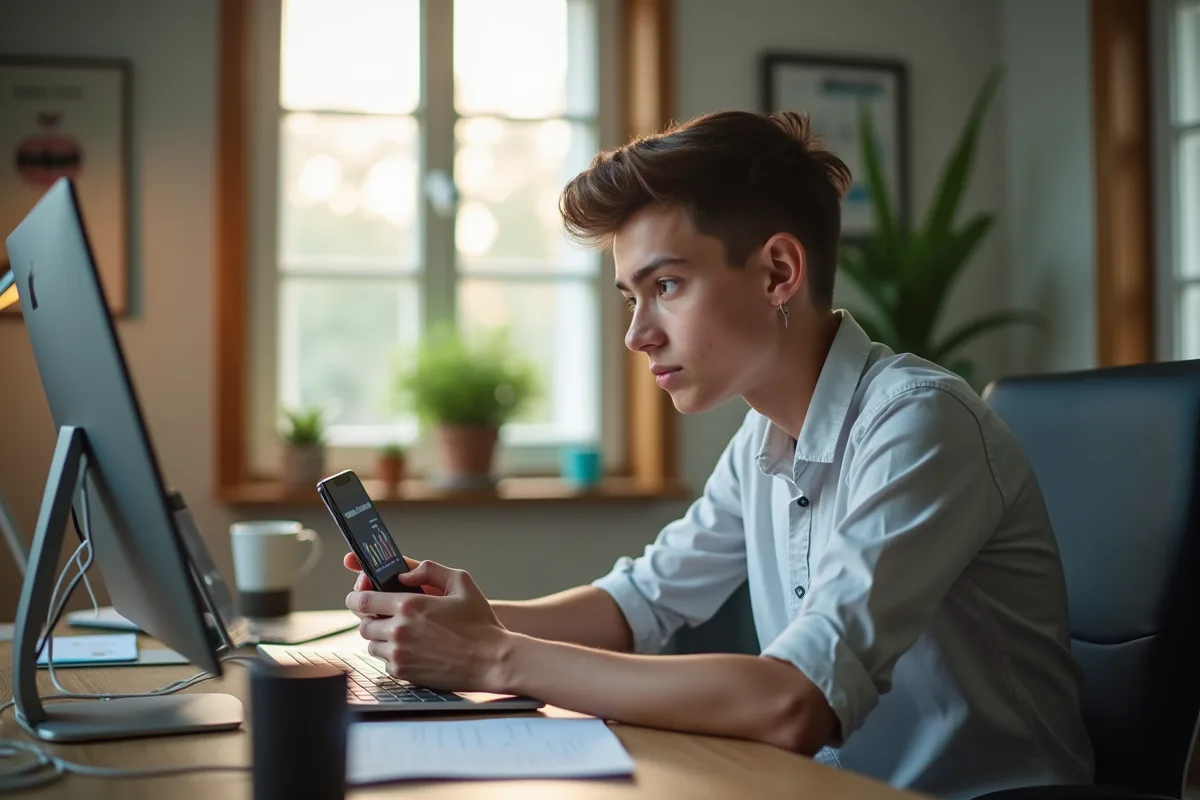 Jeune créateur de contenu avec analytics TikTok en lumière naturelle