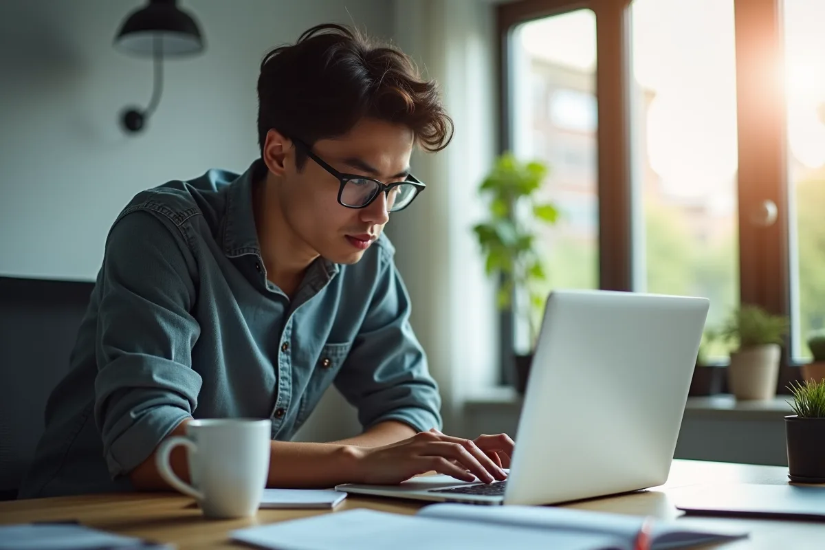 Jeune développeur web concentré sur son ordinateur portable