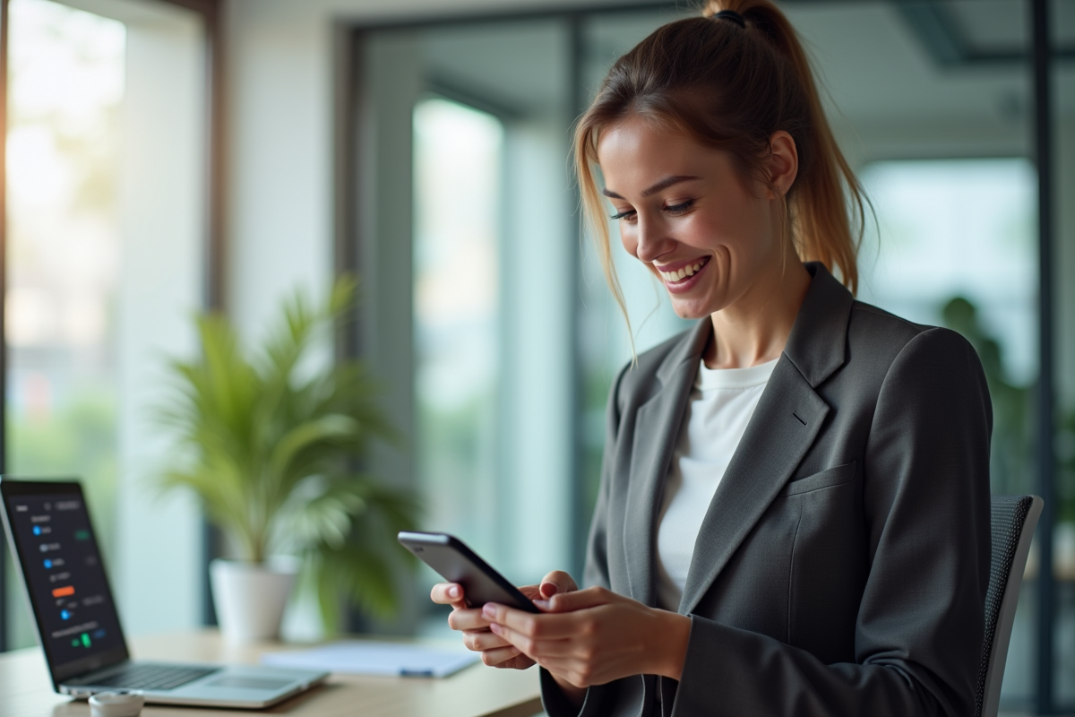 Jeune femme d'affaires parlant à son smartphone avec assistant vocal