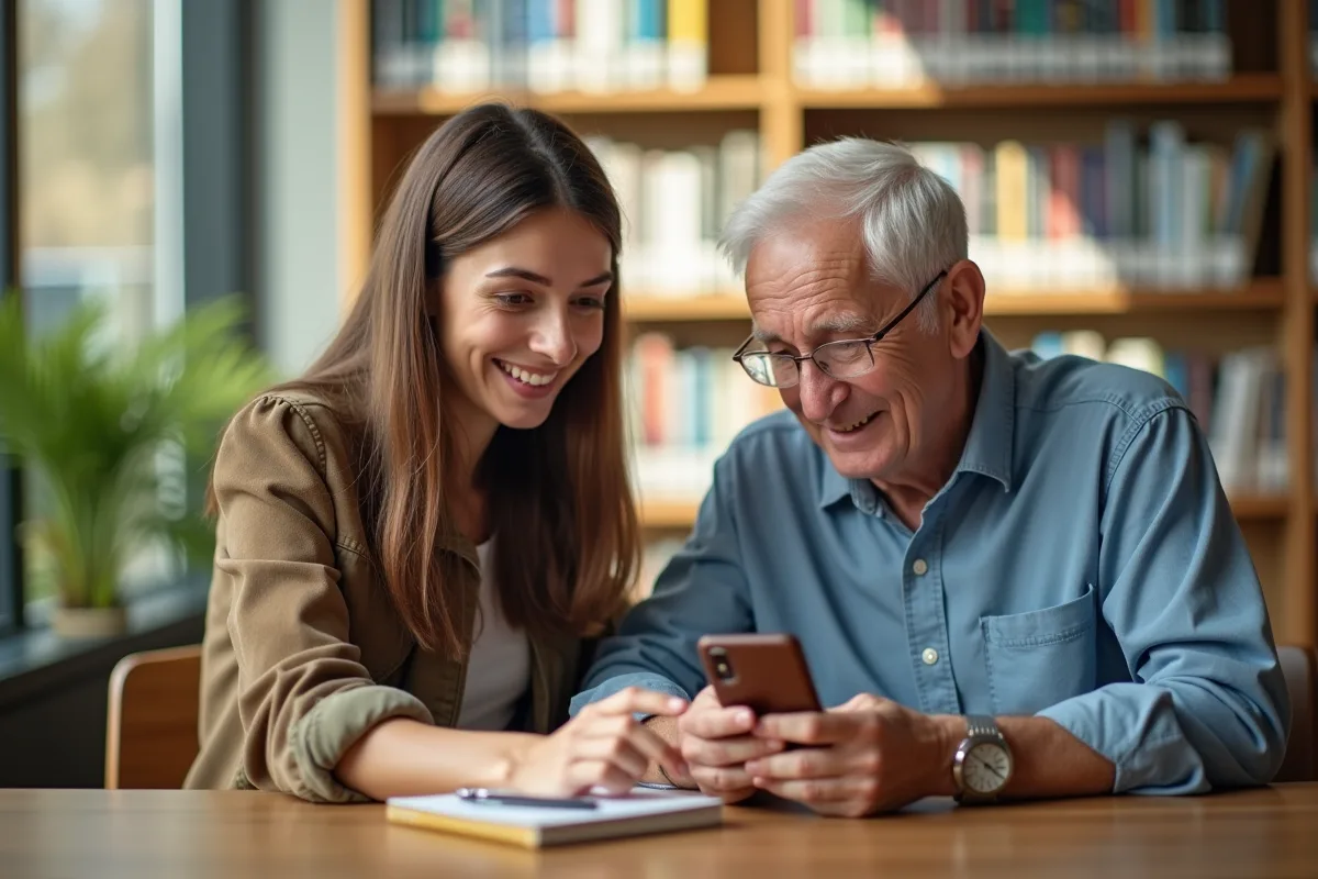 Jeune femme aidant un senior à utiliser un smartphone dans une bibliothèque