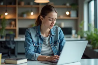 Jeune femme au bureau travaillant sur un ordinateur portable