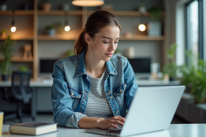 Jeune femme au bureau travaillant sur un ordinateur portable