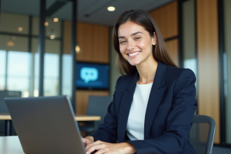 Jeune femme professionnelle souriante travaillant sur un ordinateur dans un bureau moderne