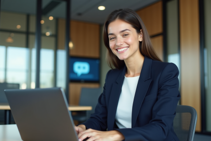 Jeune femme professionnelle souriante travaillant sur un ordinateur dans un bureau moderne