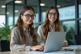 Jeune femme professionnelle travaillant sur un ordinateur en open space