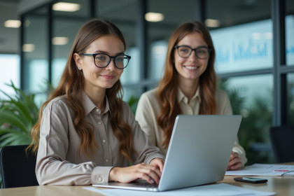 Jeune femme professionnelle travaillant sur un ordinateur en open space