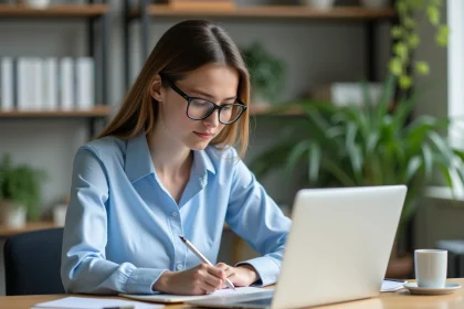 Jeune femme en bureau moderne prenant des notes