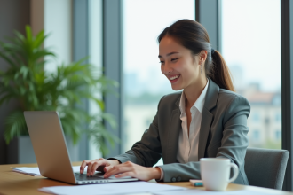 Jeune femme professionnelle souriante au bureau moderne