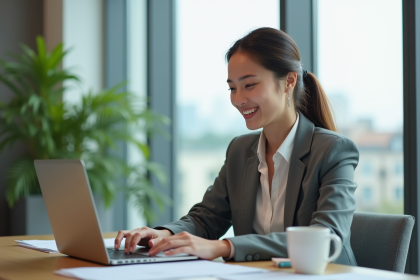Jeune femme professionnelle souriante au bureau moderne