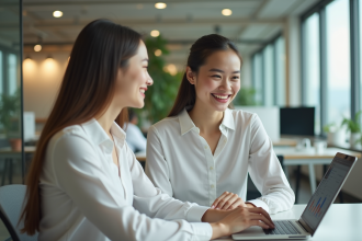 Jeune femme au bureau avec ordinateur et dashboard marketing