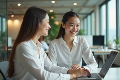 Jeune femme au bureau avec ordinateur et dashboard marketing