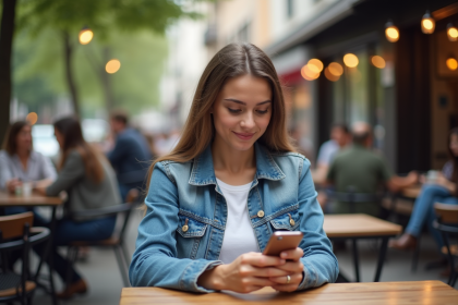Jeune femme au café urbain regardant son smartphone