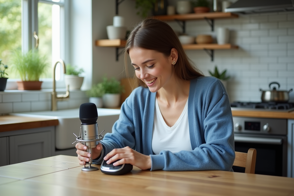 Jeune femme réglant un micro dans une cuisine lumineuse