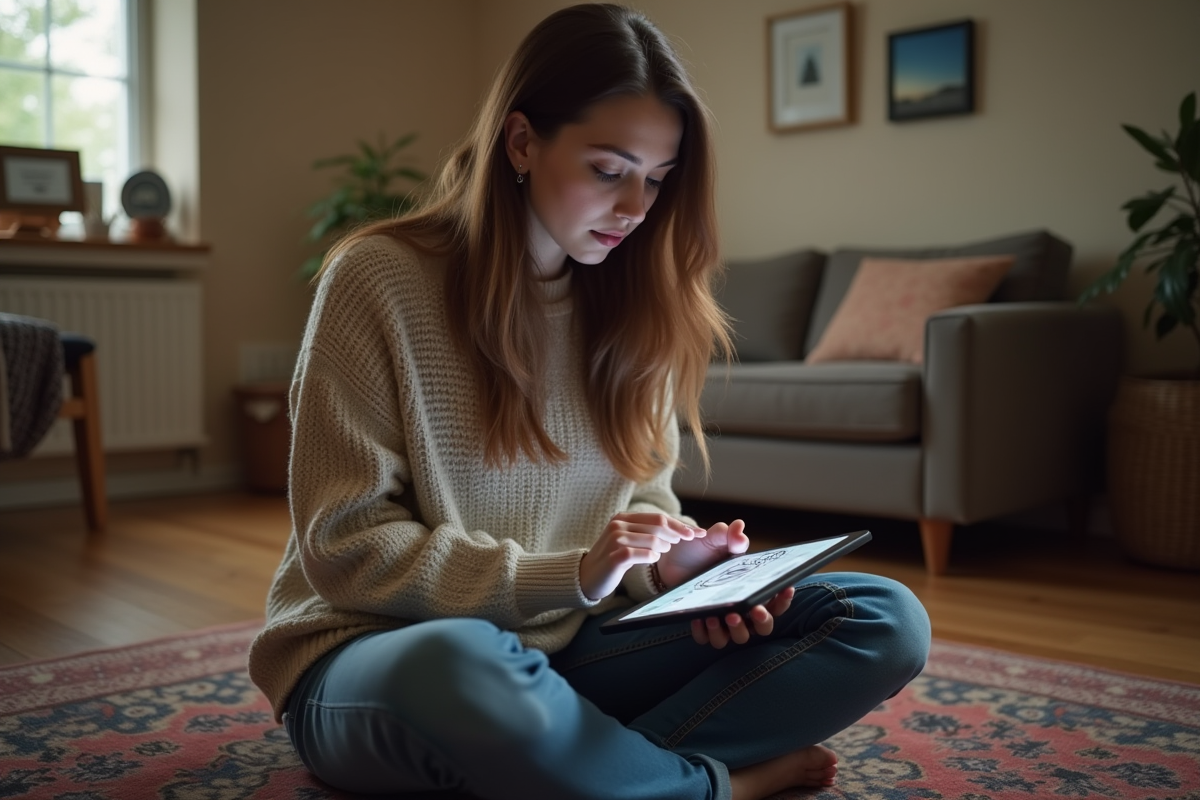 Jeune femme restaurant des fichiers sur sa tablette dans le salon