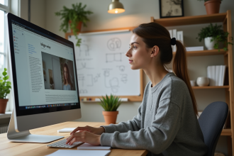 Jeune femme concentrée travaillant sur un ordinateur dans un bureau moderne