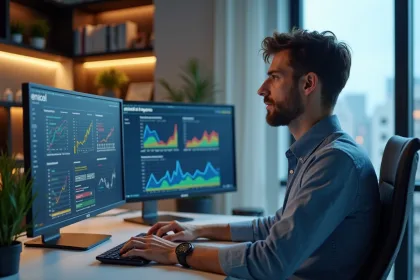Jeune homme concentré analysant des données SEO sur ses écrans