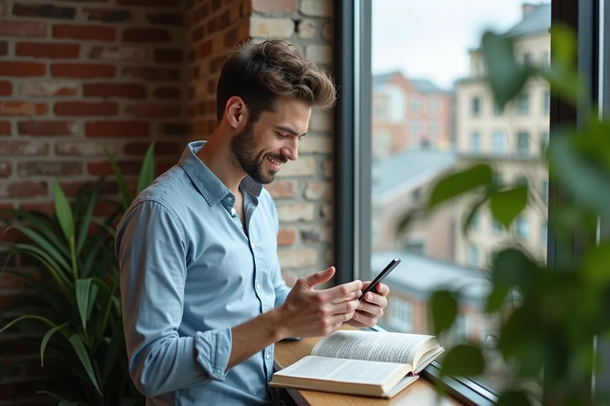 Jeune homme prenant en photo un livre dans un espace de coworking