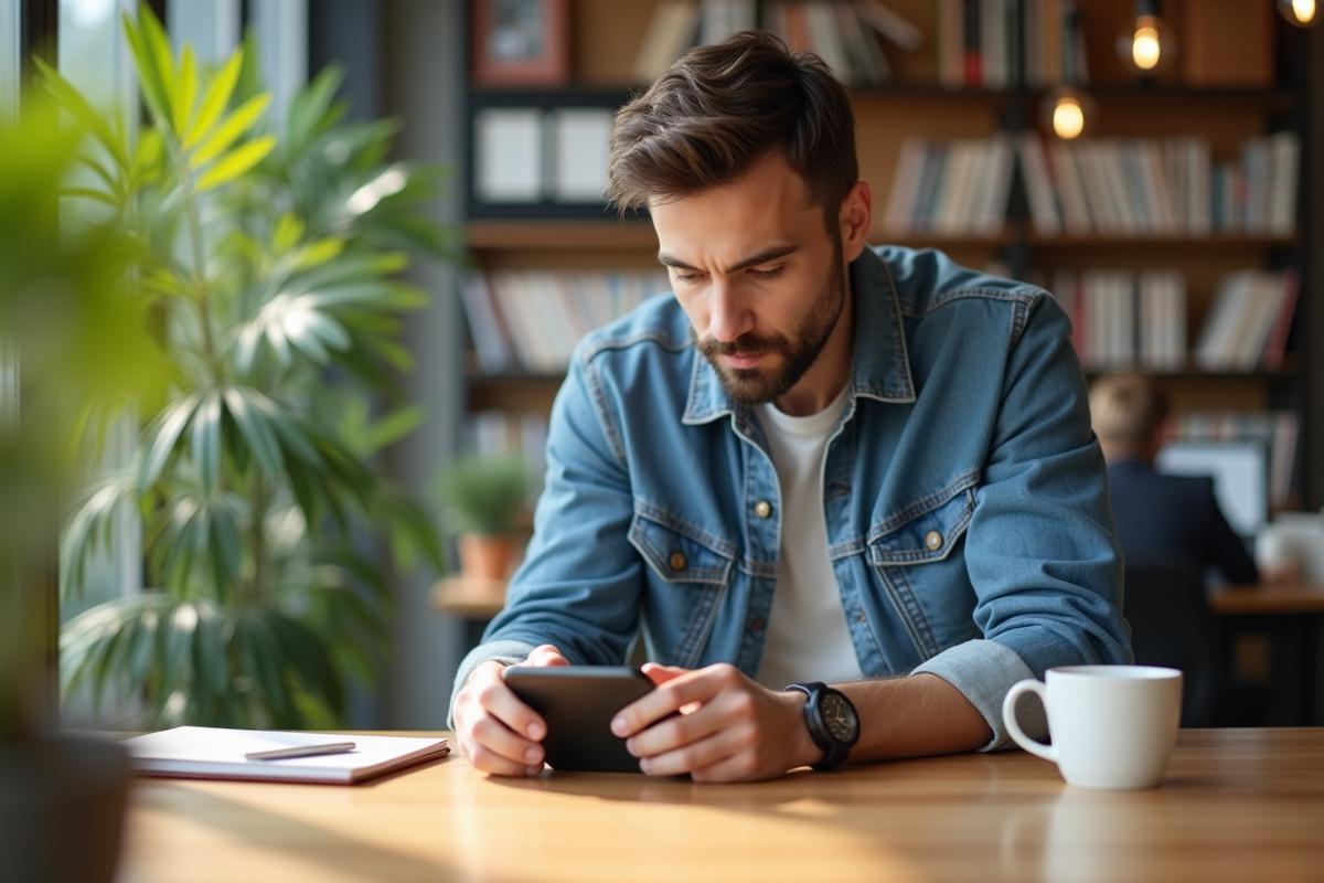 Jeune homme examinant un gadget dans un espace de coworking