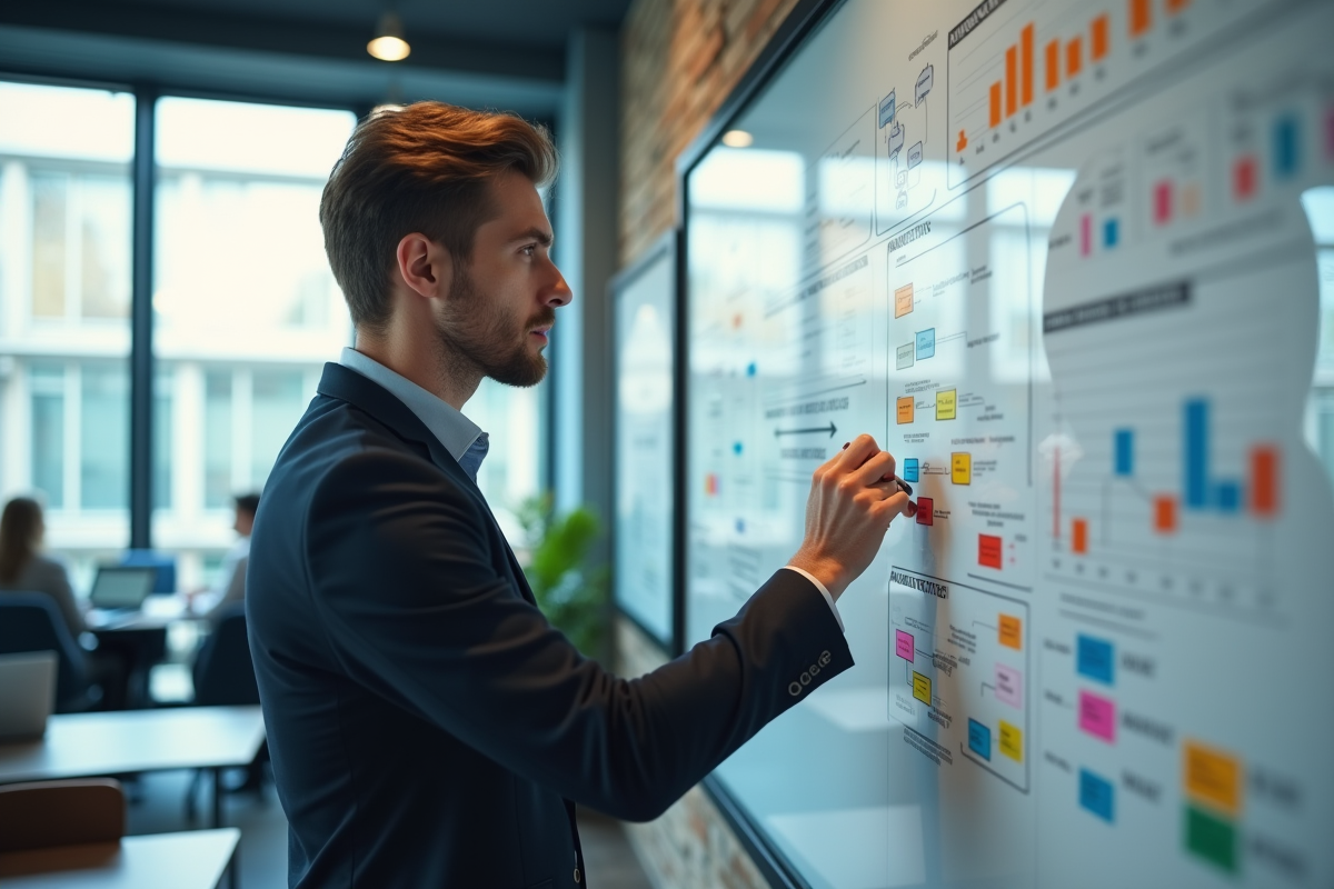 Jeune homme prenant des notes devant un tableau blanc