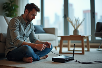 Jeune homme connectant un câble fibre optique dans un salon moderne