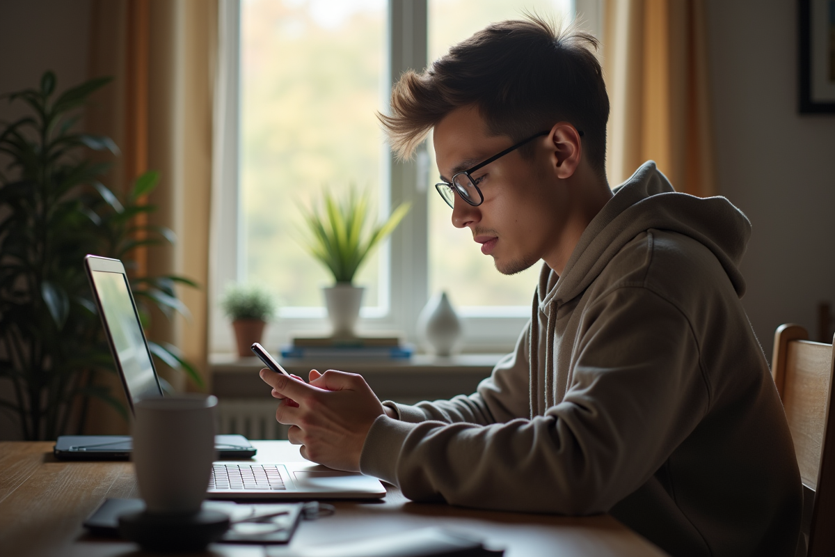 Jeune homme à la maison utilisant son smartphone et son ordinateur portable