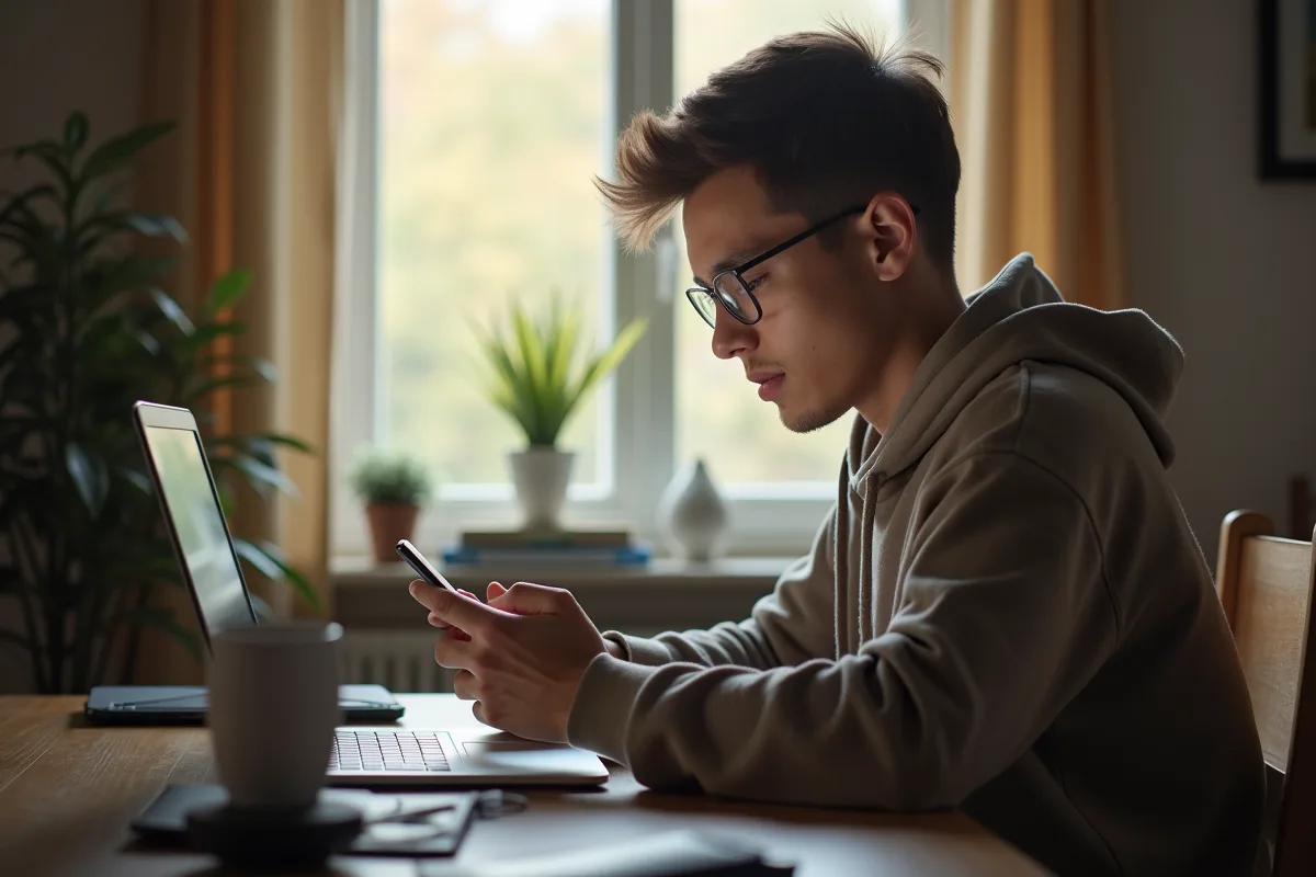 Jeune homme à la maison utilisant son smartphone et son ordinateur portable