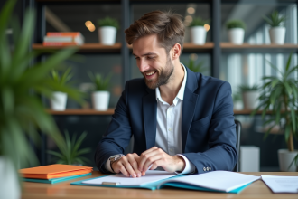 Jeune homme en costume dans un bureau organisé