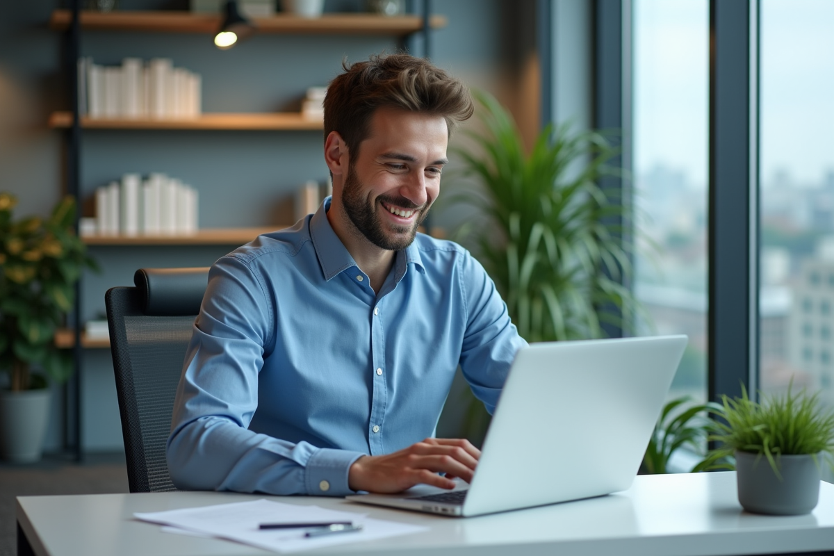 Jeune homme en costume travaillant sur son ordinateur dans un bureau moderne
