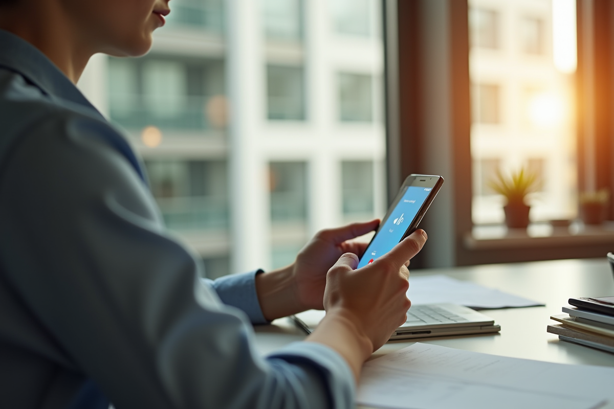 Jeune professionnel utilisant Google Voice sur smartphone au bureau
