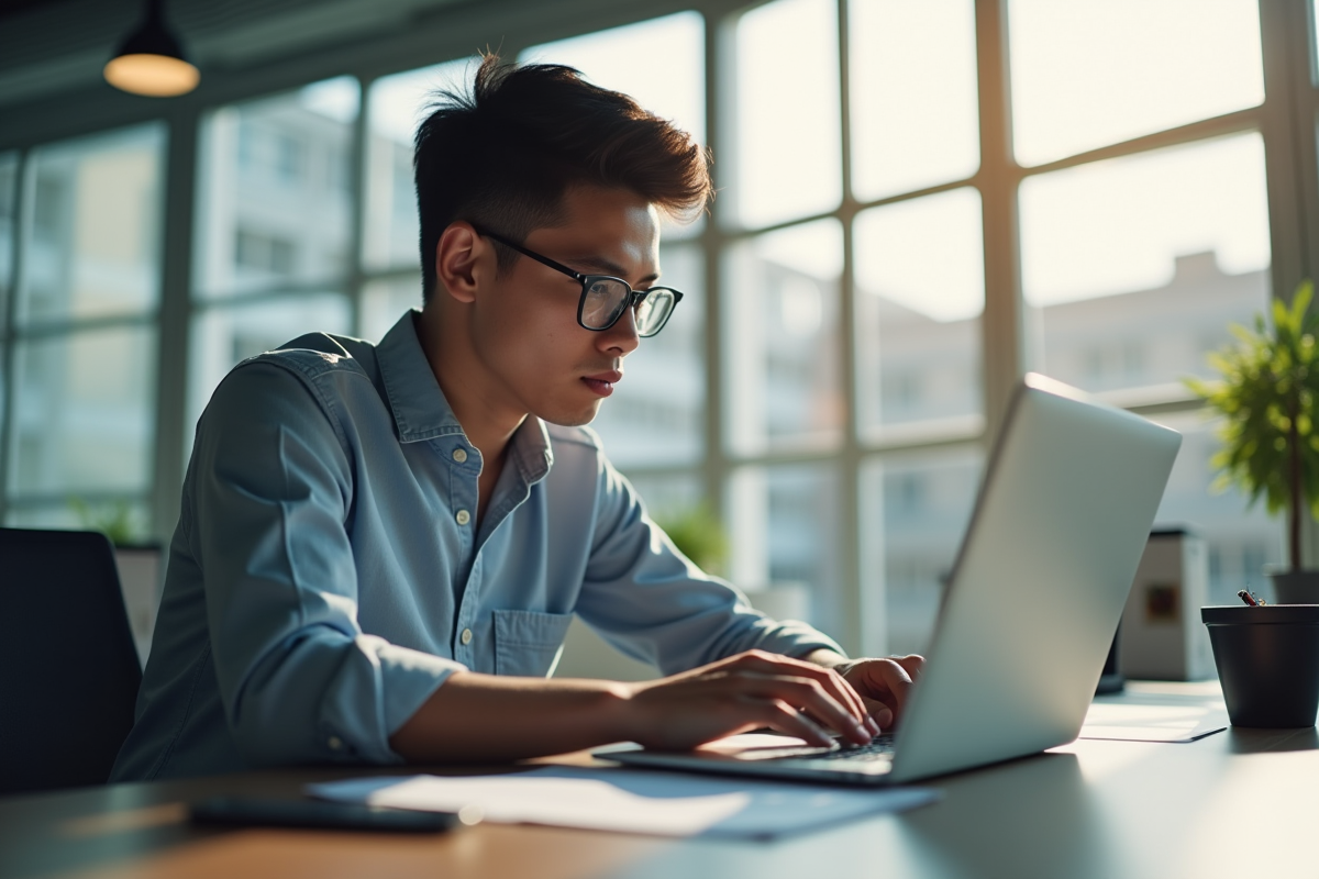 Jeune professionnel analysant des données SEO sur un ordinateur portable