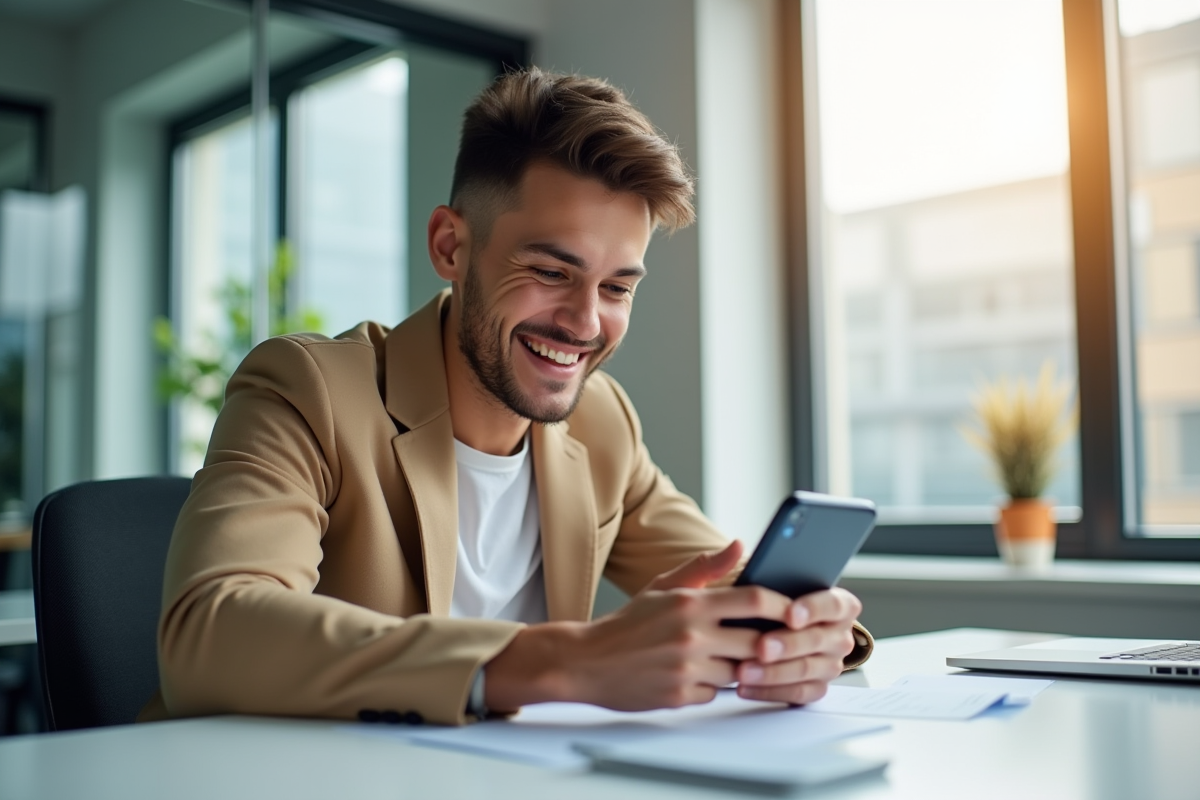 Jeune professionnel heureux utilisant une application mobile au bureau