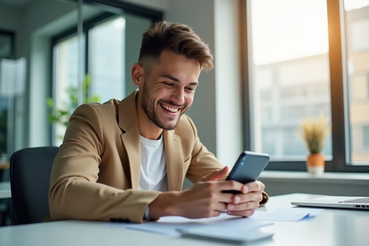 Jeune professionnel heureux utilisant une application mobile au bureau
