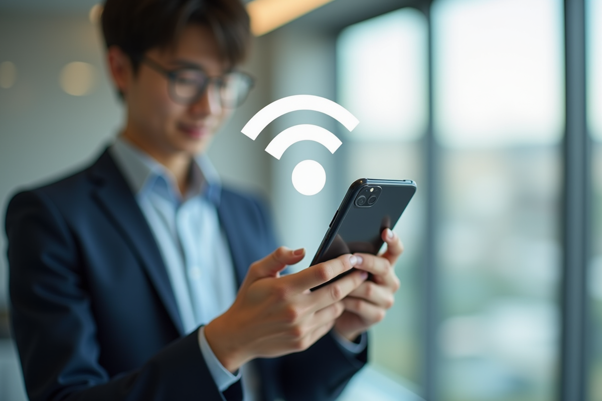 Jeune professionnel utilisant un smartphone avec symbole WiFi en bureau