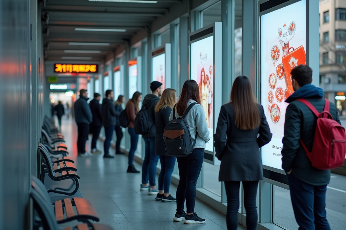 Jeunes professionnels regardant des publicités numériques en extérieur