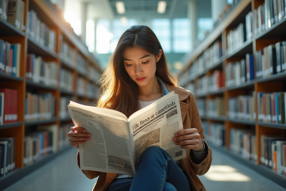 Personne lisant un journal dans une bibliothèque lumineuse