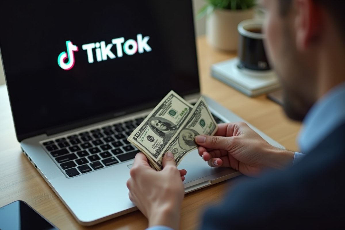 Mains comptant des dollars près d’un ordinateur avec logo TikTok
