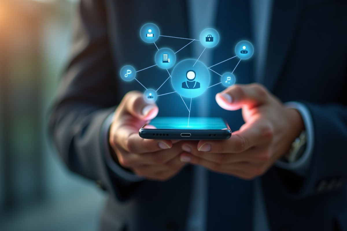 Mains tenant un smartphone avec icônes de leads numériques