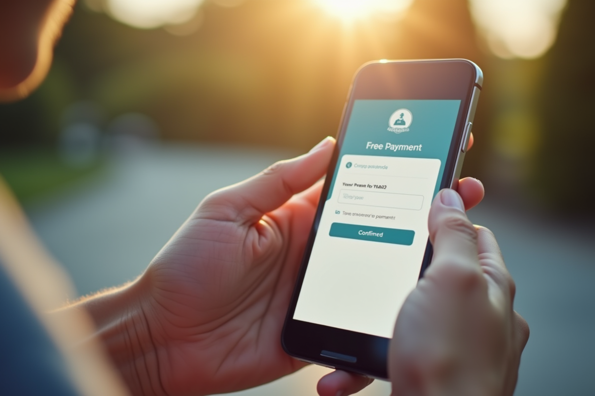 Mains tenant un smartphone affichant une confirmation de paiement