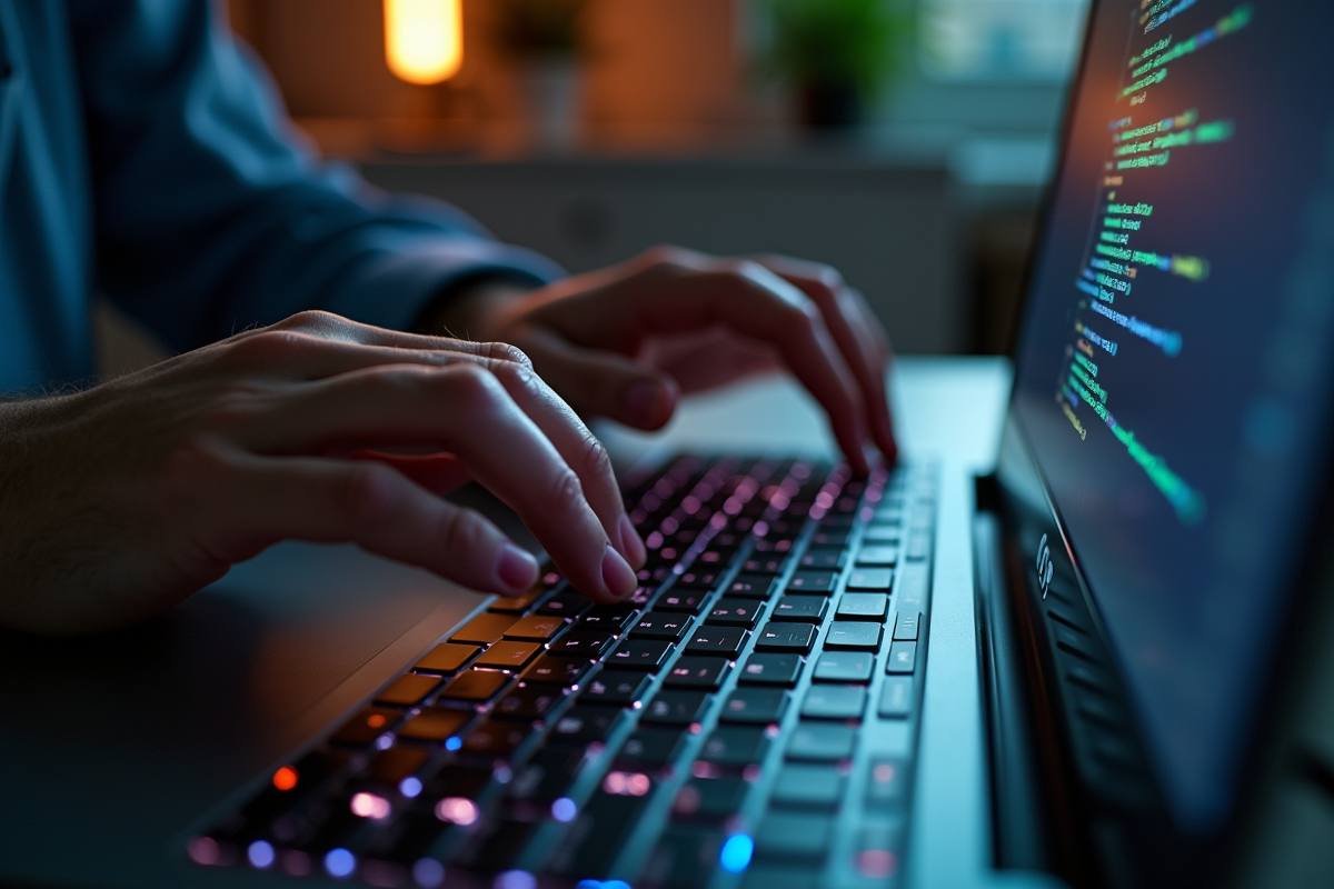 Mains tapant du code HTML sur un clavier rétroéclairé