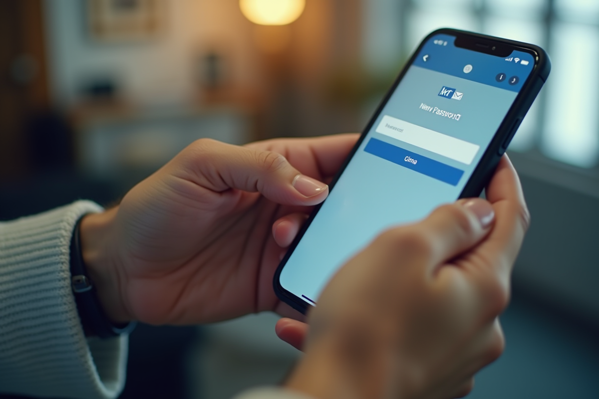 Mains tapant un nouveau mot de passe sur un smartphone avec interface Gmail