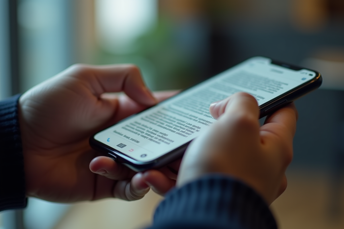 Mains tapant un long message sur un smartphone en gros plan