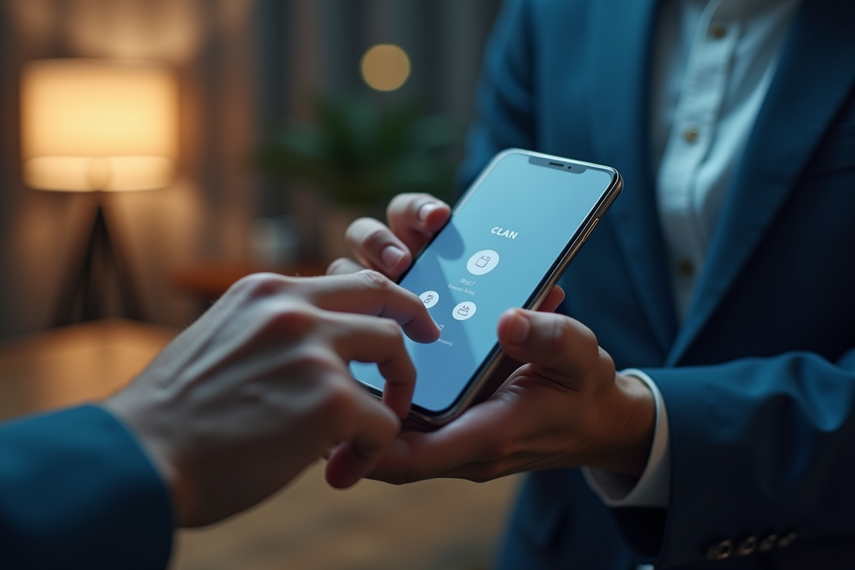 Mains manipulant une interface minimaliste sur smartphone
