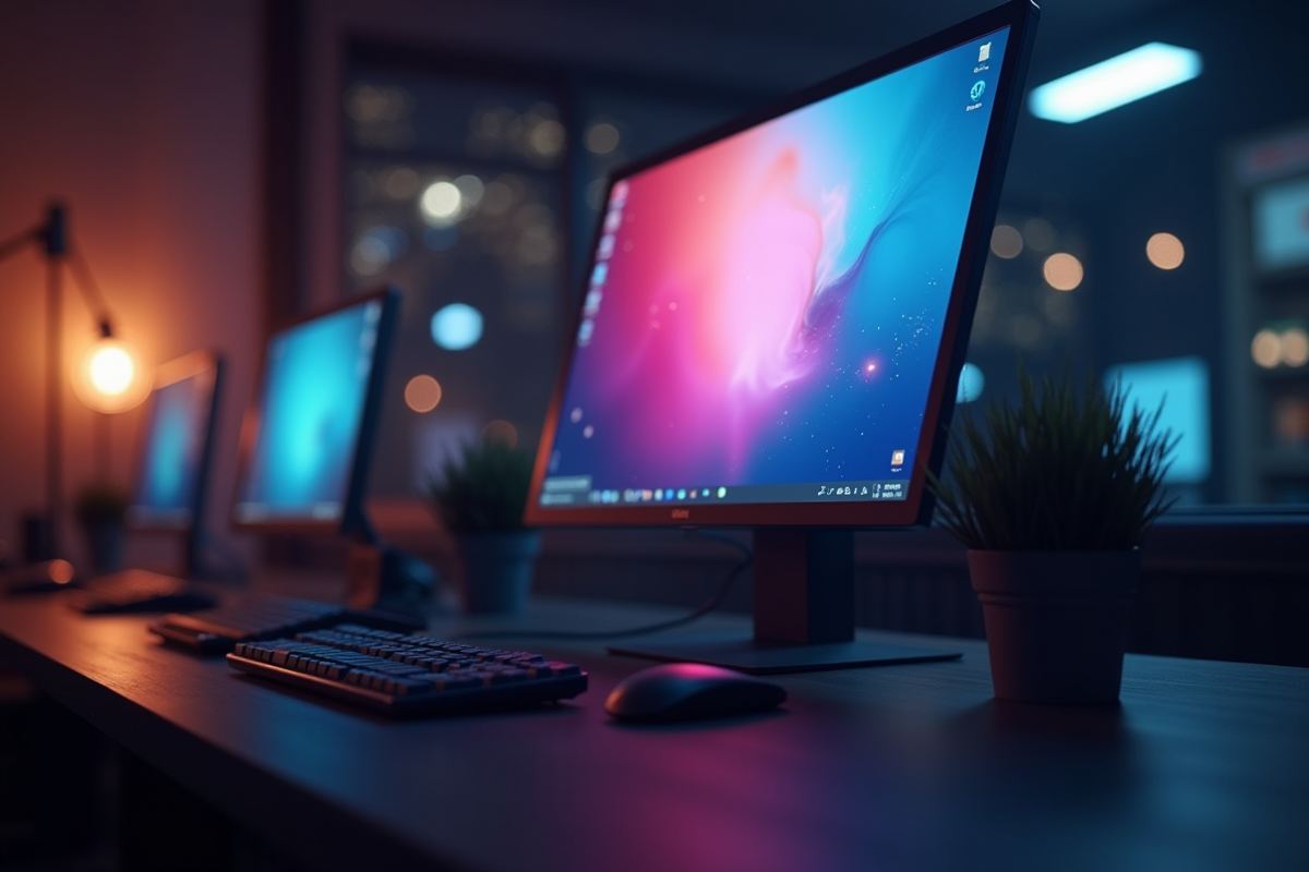 Un seul moniteur coloré dans un espace de travail sombre
