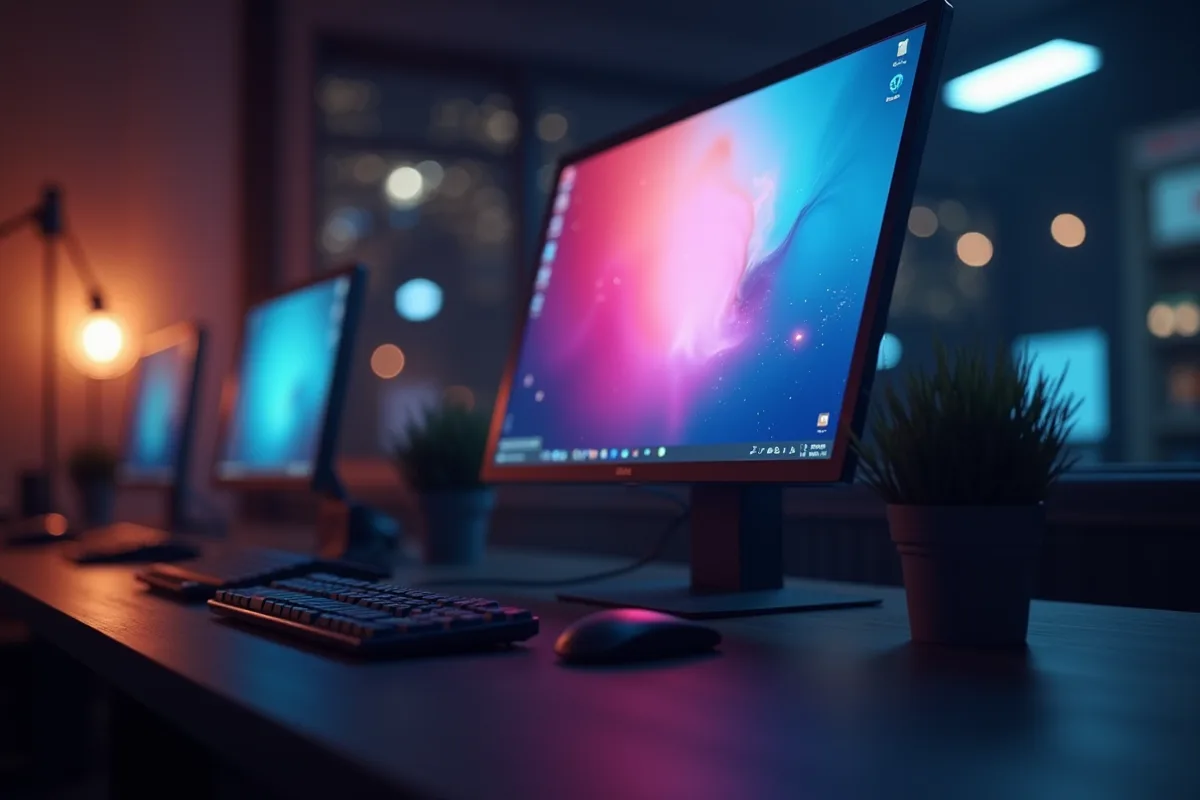 Un seul moniteur coloré dans un espace de travail sombre