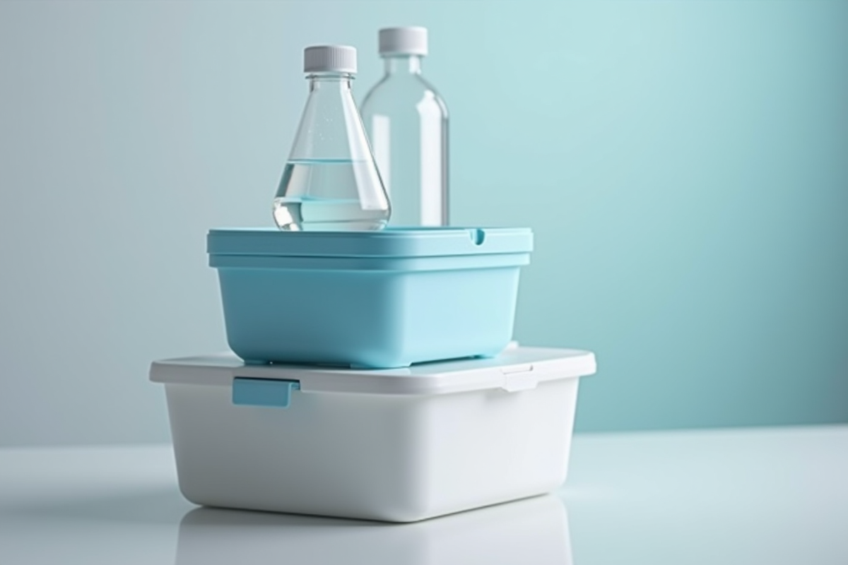 Objets du quotidien en polycarbonate et polypropylene empiles