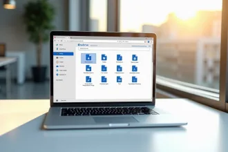 Ordinateur portable sur un bureau blanc avec interface OneDrive