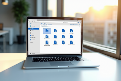 Ordinateur portable sur un bureau blanc avec interface OneDrive