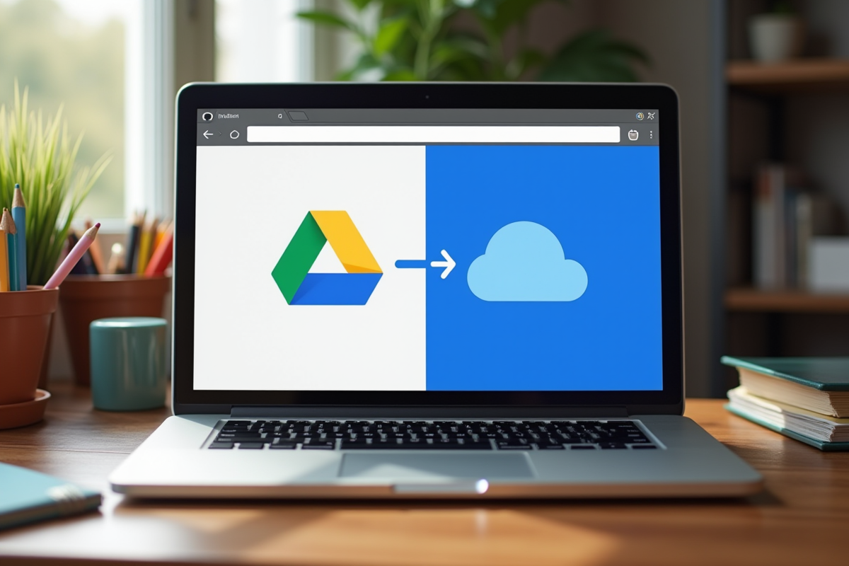 Ordinateur portable sur bureau en bois avec Google Drive et OneDrive ouverts