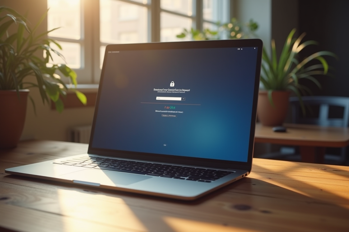 Ordinateur portable sur bureau ensoleille avec page de login sécurisée